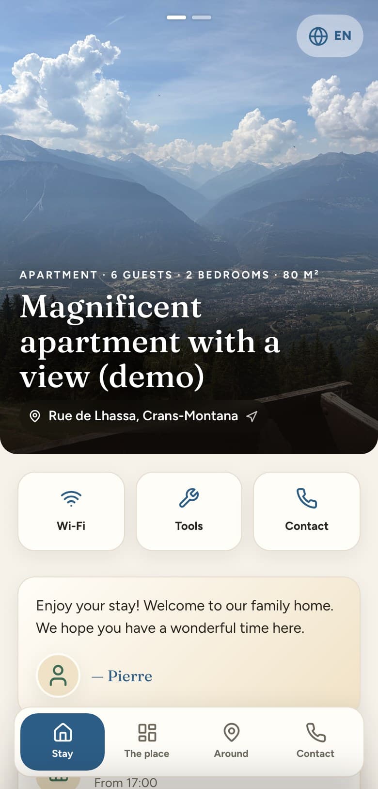 The padway demo guide open on a phone: a photo of the property, its address, then shortcuts to the wifi, the tools and the host’s contact details.